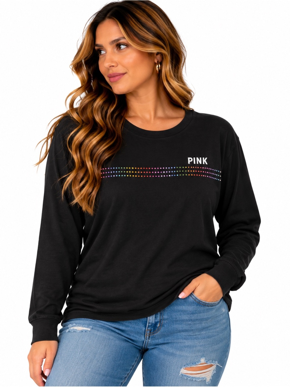 Victoria’s Secret PINK Rainbow Rhinestone Stripe Long Sleeve Tee Black L NWOT